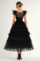 Load image into Gallery viewer, Black Tulle A Line Tiered Long Formal Dress