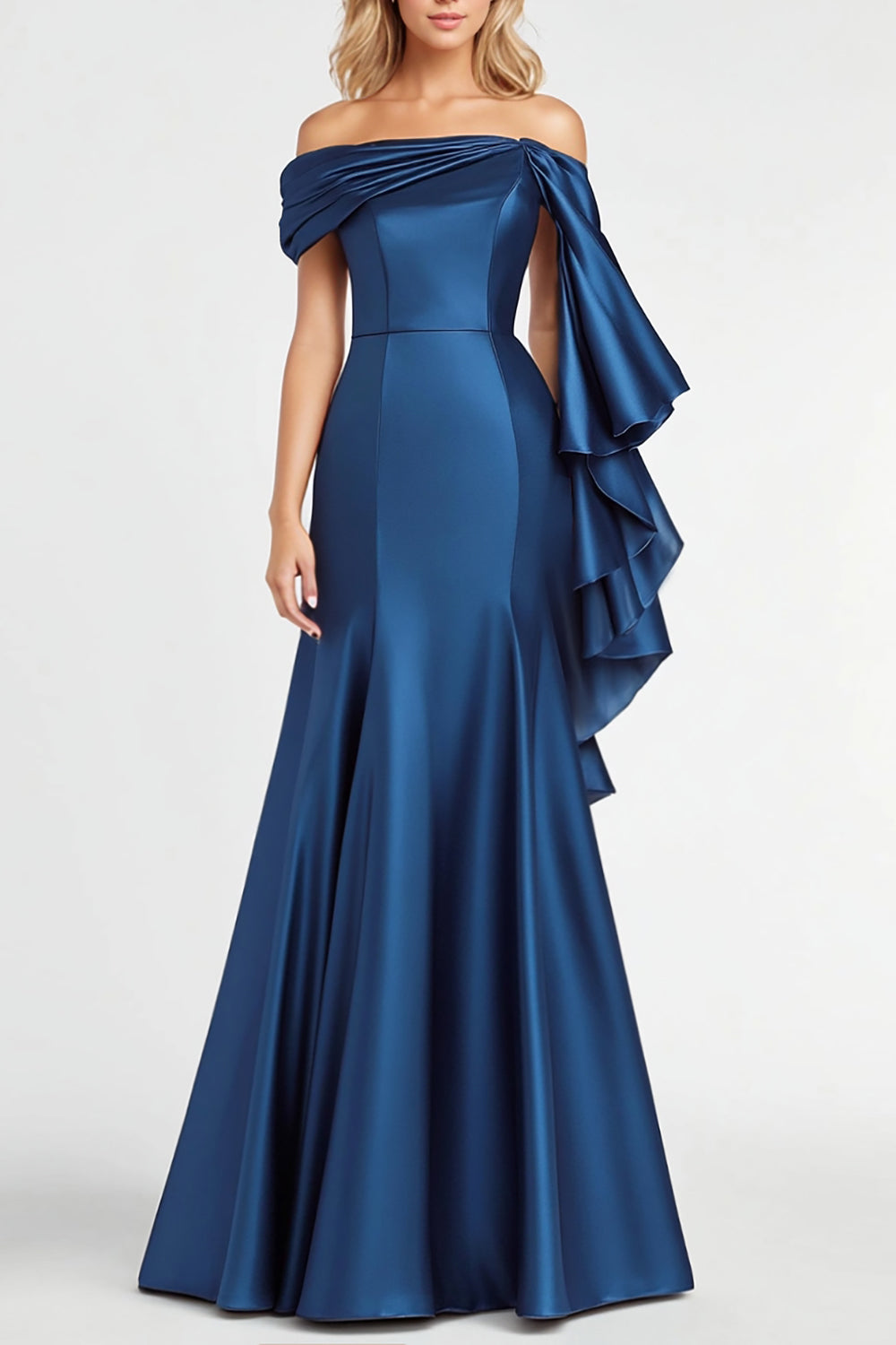 Queendancer Women Dark Blue Satin Formal Dress Off the Shoulder Ruffled