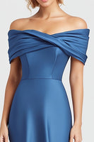 Load image into Gallery viewer, Blue Mermaid Satin Off the Shoulder Ruched Long Formal Dress