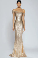 Load image into Gallery viewer, Sparkly Champagne Sequin Long Sleeves Formal Dress Mermaid Off the Shoulder Gala Dress