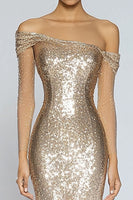 Load image into Gallery viewer, Sparkly Champagne Sequin Mermaid Long Formal Dress with Sleeves