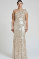 Load image into Gallery viewer, Sparkly Champagne Sequin One Shoulder Long Formal Dress