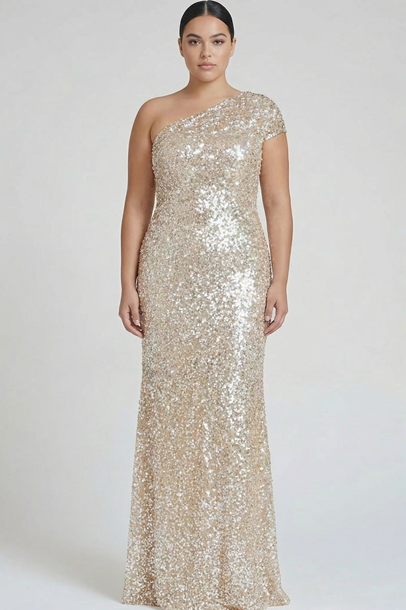 Load image into Gallery viewer, Sparkly Plus Size Champagne One Shoulder Sequin Long Formal Dress