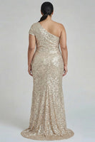 Load image into Gallery viewer, Sparkly Plus Size Champagne One Shoulder Sequin Long Formal Dress