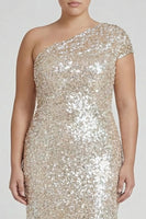 Load image into Gallery viewer, Sparkly Plus Size Champagne One Shoulder Sequin Long Formal Dress