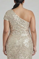 Load image into Gallery viewer, Sparkly Plus Size Champagne One Shoulder Sequin Long Formal Dress