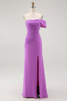 Load image into Gallery viewer, Purple Chiffon Ruched Off the Shoulder Long Formal Dress with Slit