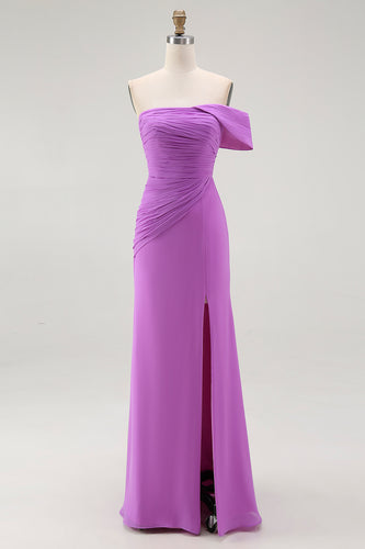 Purple Chiffon Ruched Off the Shoulder Long Formal Dress with Slit