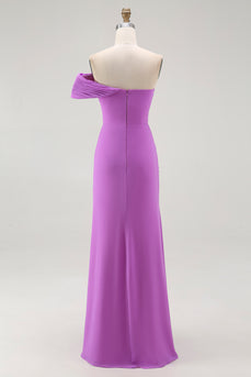Purple Chiffon Ruched Off the Shoulder Long Formal Dress with Slit