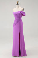 Load image into Gallery viewer, Purple Chiffon Ruched Off the Shoulder Long Formal Dress with Slit
