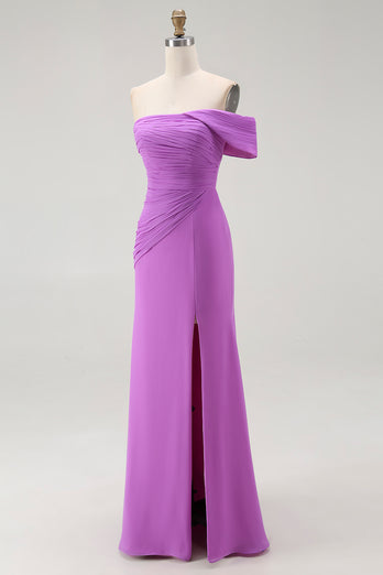 Purple Chiffon Ruched Off the Shoulder Long Formal Dress with Slit