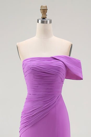 Purple Chiffon Ruched Off the Shoulder Long Formal Dress with Slit