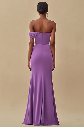 Purple Chiffon Off the Shoulder Ruched Long Formal Dress with Slit