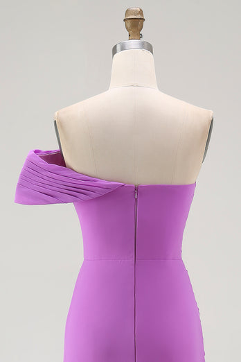 Purple Chiffon Ruched Off the Shoulder Long Formal Dress with Slit