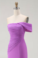 Load image into Gallery viewer, Purple Chiffon Ruched Off the Shoulder Long Formal Dress with Slit