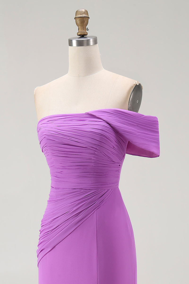 Load image into Gallery viewer, Purple Chiffon Ruched Off the Shoulder Long Formal Dress with Slit