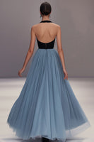 Load image into Gallery viewer, Black Blue Tulle Deep V-Neck A Line Long Formal Dress