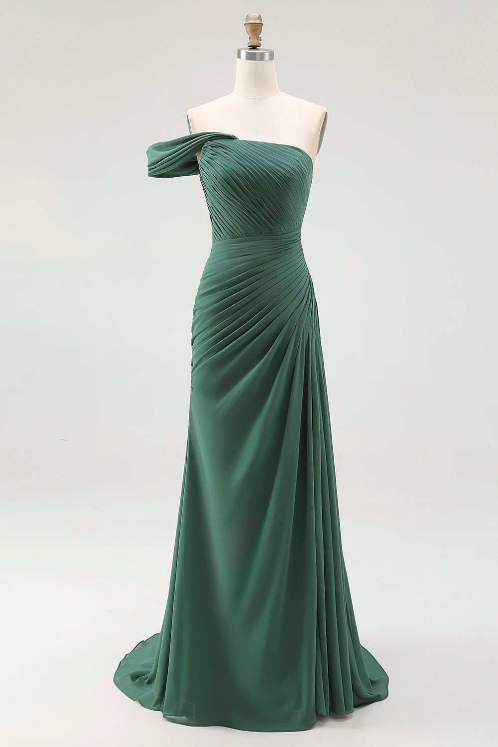 Dark Green One Shoulder Ruched Chiffon Pleated Long Formal Dress