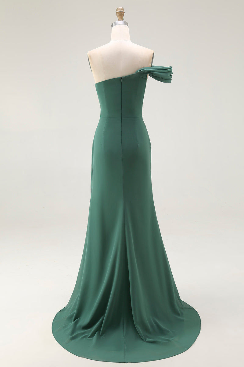 Load image into Gallery viewer, Dark Green One Shoulder Ruched Chiffon Pleated Long Formal Dress