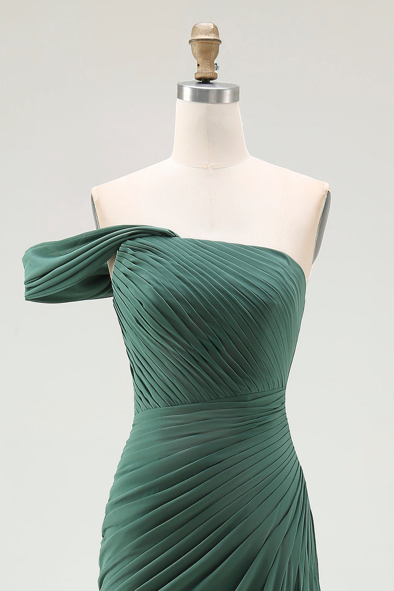 Load image into Gallery viewer, Dark Green One Shoulder Ruched Chiffon Pleated Long Formal Dress