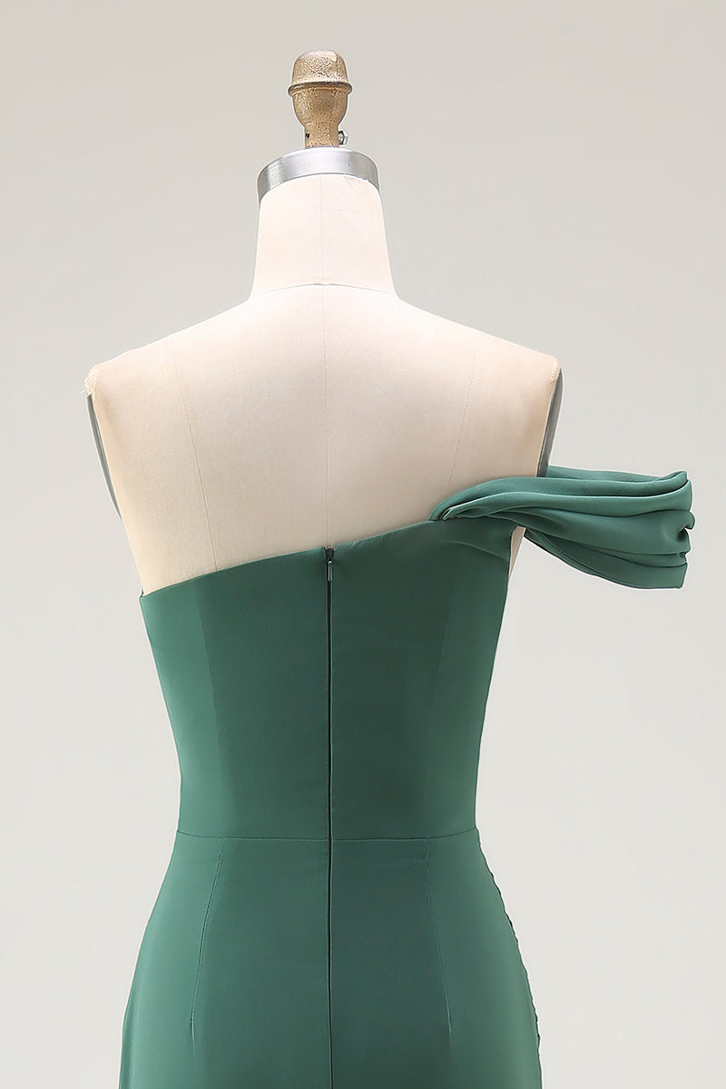 Load image into Gallery viewer, Dark Green One Shoulder Ruched Chiffon Pleated Long Formal Dress