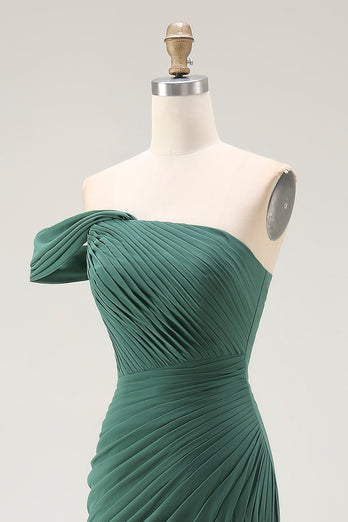Dark Green One Shoulder Ruched Chiffon Pleated Long Formal Dress