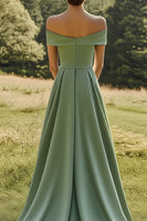 Load image into Gallery viewer, Sage Off the Shoulder A Line Satin Long Formal Dress