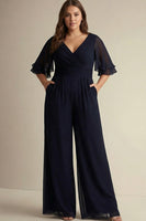 Load image into Gallery viewer, Navy V-Neck Chiffon 1/2 Sleeves Long Prom Jumpsuit