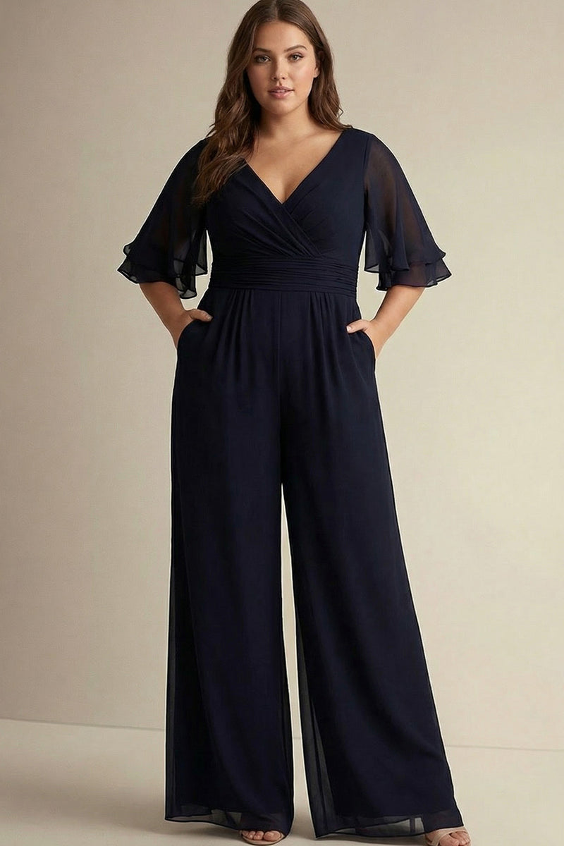 Load image into Gallery viewer, Navy V-Neck Chiffon 1/2 Sleeves Long Prom Jumpsuit