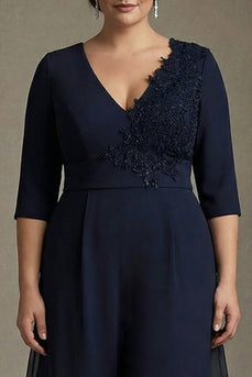 Floral Plus Size Navy V-Neck Chiffon Mother of the Bride Dress