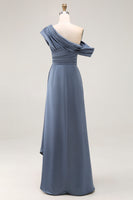 Load image into Gallery viewer, Grey Blue Satin Ruched Asymmetrical Mother of the Bride Dress