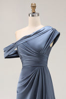 Load image into Gallery viewer, Grey Blue Satin Ruched Asymmetrical Mother of the Bride Dress