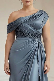 Plus Size Grey Blue Satin Asymmetrical Ruched Mother of the Bride Dress