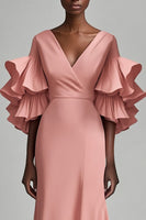 Load image into Gallery viewer, Pink Satin V-Neck Mother of the Bride Dress with Ruffled Sleves