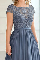 Load image into Gallery viewer, Grey Blue Lace A Line Mother of the Bride Dress with Short Sleeves