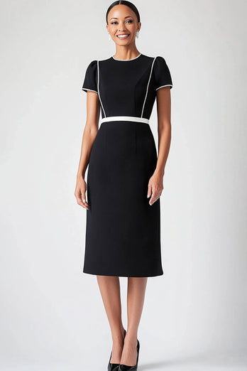 Simple Black Satin Mother of the Bride Dress with Short Sleeves