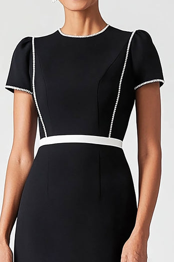 Simple Black Satin Mother of the Bride Dress with Short Sleeves