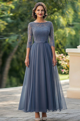 Dusty Blue A-Line Chiffon 3/4 Sleeves Applique Mother of the Bride Dress