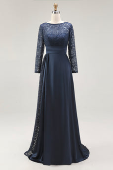 Navy Lace A Line Boat Neck Floor Length Mother of the Bride Dress