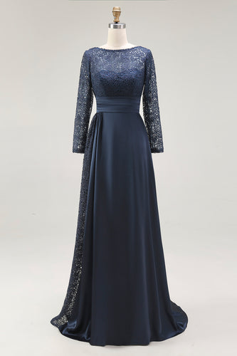 Navy Lace A Line Boat Neck Floor Length Mother of the Bride Dress