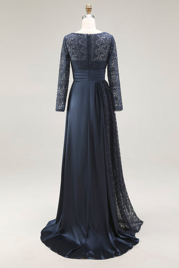 Navy Lace A Line Boat Neck Floor Length Mother of the Bride Dress