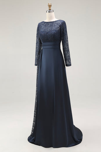 Navy Lace A Line Boat Neck Floor Length Mother of the Bride Dress