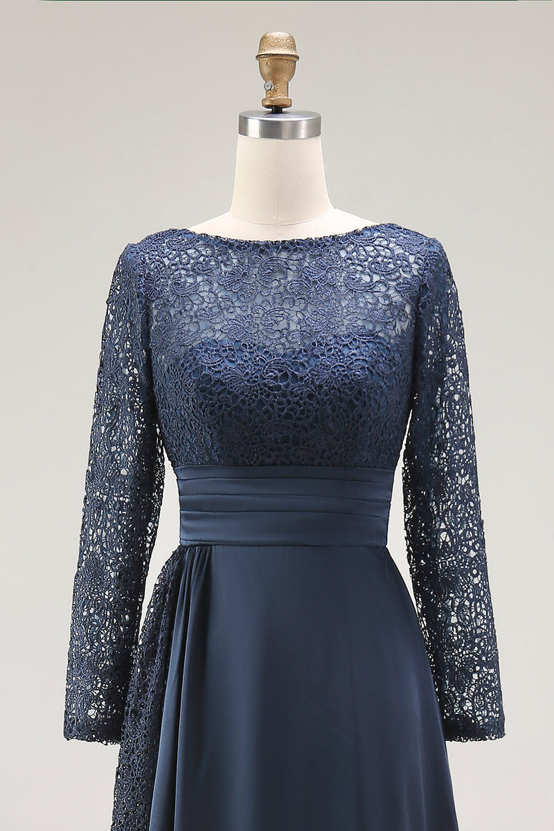 Load image into Gallery viewer, Navy Lace A Line Boat Neck Floor Length Mother of the Bride Dress