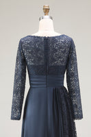 Load image into Gallery viewer, Navy Lace A Line Boat Neck Floor Length Mother of the Bride Dress