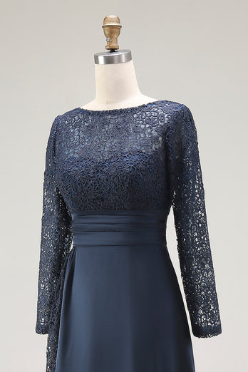 Navy Lace A Line Boat Neck Floor Length Mother of the Bride Dress