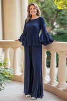 Load image into Gallery viewer, Chiffon Flutter Sleeves Navy Maxi Mother of the Bride Pantsuit