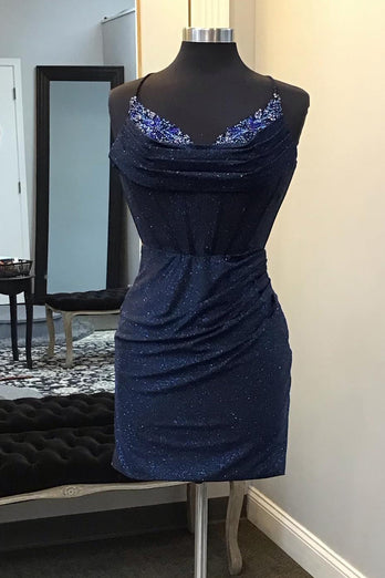 Sparkly Royal Blue Spaghetti Straps Corset Homecoming Dress with Beading