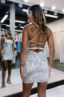 Load image into Gallery viewer, Sparkly Silver Halter Bodycon Homecoming Dress With Criss Cross Back