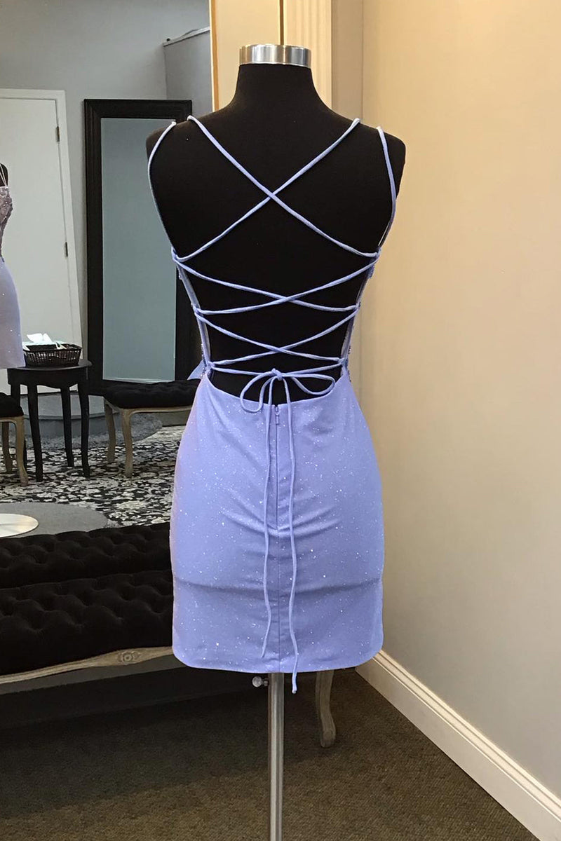 Load image into Gallery viewer, Sparkly Purple Spaghetti Straps Corset Homecoming Dress with Beading