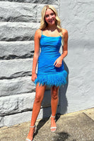 Load image into Gallery viewer, Glitter Light Blue Spaghetti Straps Bodycon Homecoming Dress with Feathers
